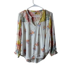 Lucky Brand White Floral Boho Peasant Blouse Size Small