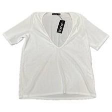 Boohoo White Ribbed V Neck Short Sleeve Top Size UK 10 New With Tags