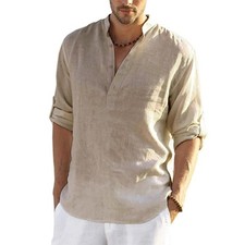 Mens Cotton Linen Henley Long Sleeve Shirt Ca...