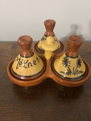 Vintage Pottery Three Spice Holder, Moroccan Tagine Salt Pepper Cumin Curry