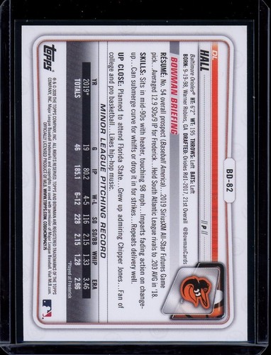 2020 Bowman Draft Paper ~ DL Hall ~ Purple 183/250 ~ #BD-82 ~ Baltimore Orioles - Picture 2 of 2