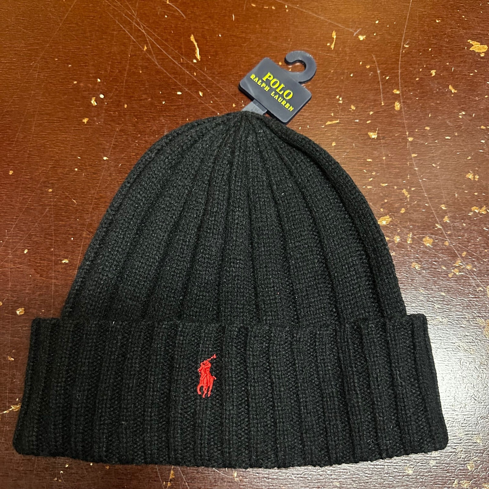 Cappello berretto pony polo Ralph Lauren da uomo nero polsini lana con cavo lavorato a maglia taglia unica