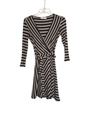 Bailey Black & Tan Striped Wrap Dress With Long Sleeves & Tie Waist Made in USA