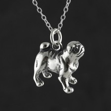 Pug Dog Necklace - 925 Sterling Silver - 3D Animal Charm Puppy Dogs Pets