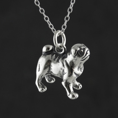 Mops Hund Halskette - 925 Sterling Silber - 3D Tier Anhänger Welpe Hunde Haustiere 