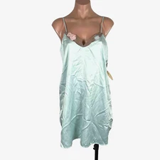 Val Mode Vintage M Aqua Floral Satin Lace Chamise Night Gown Dress NEW NWT