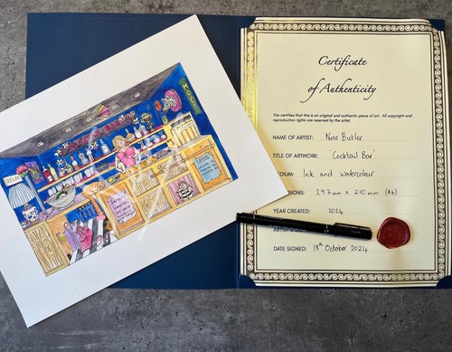 Original Watercolour Artwork signed by artist 'Cocktail Bar' COA adult humour - Picture 6 of 7