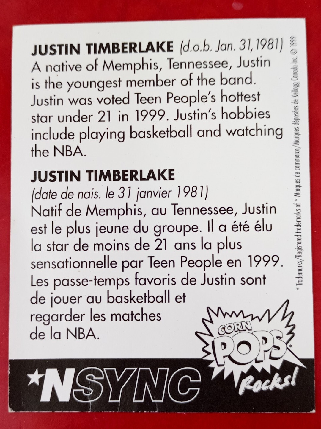 Rare 1999 Justin Timberlake NSync Corn Pops Rocks Card Kellogg's Canada, Rookie? - Picture 4 of 5
