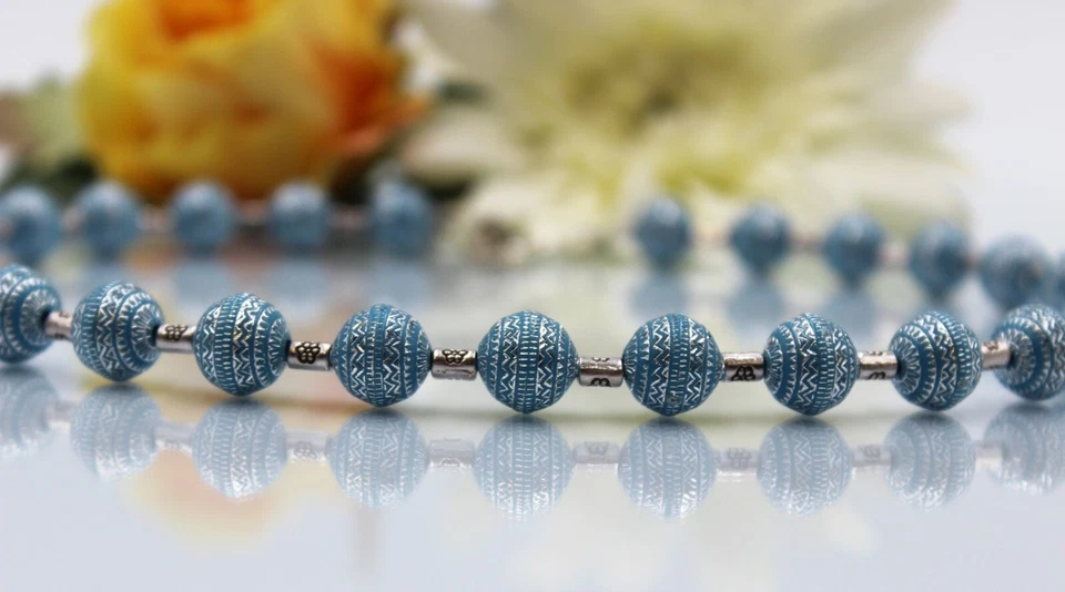 Collana In Argento Con Perle Di Acrilico Blu Hippie Boho Estate #M008 - Immagine 3 di 4