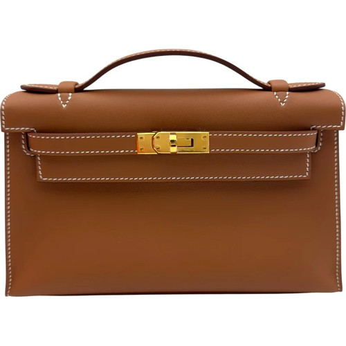 HERMES Pochette Kelly Gold Swift Leather Handbag K Stamp #OKB194