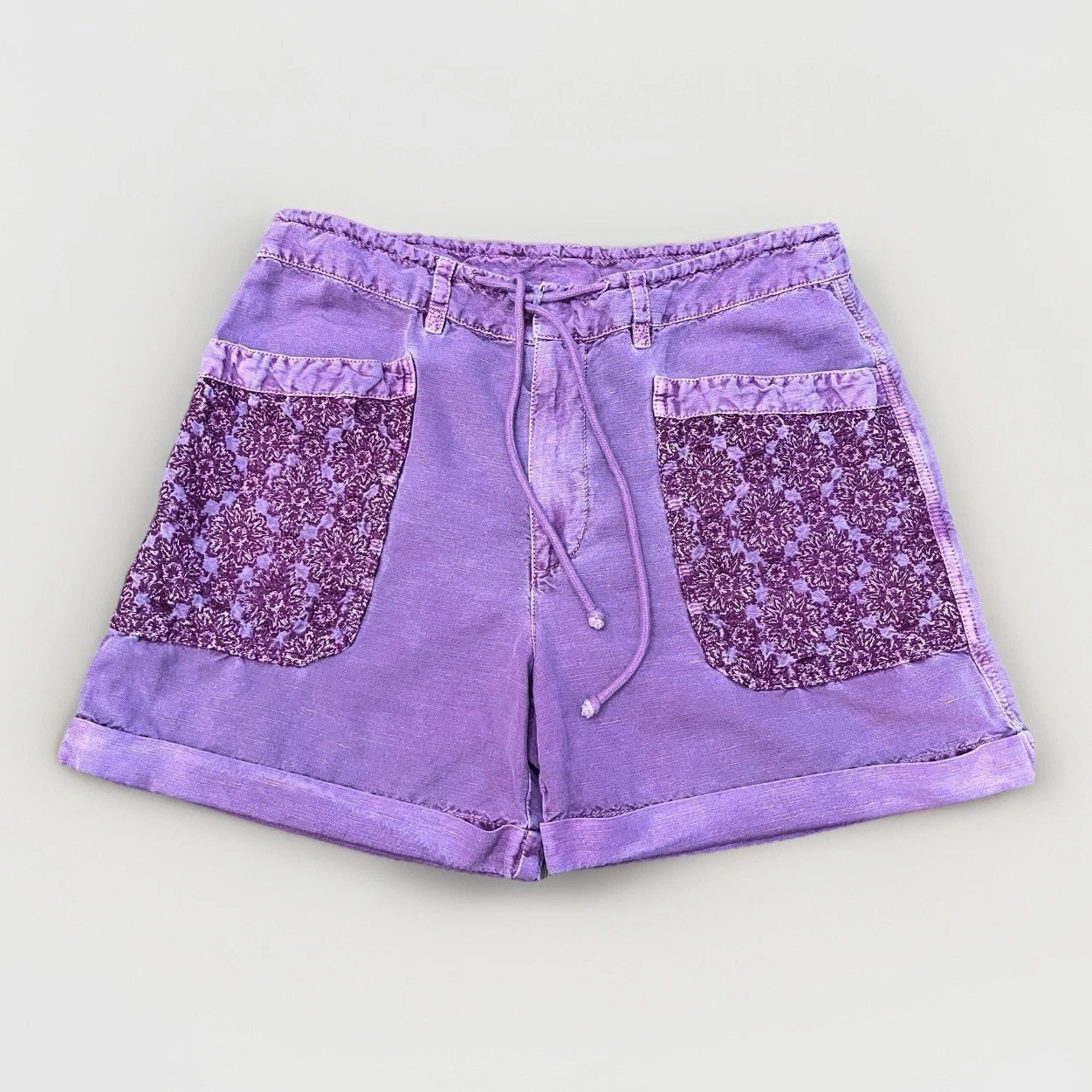 Sundance Women Zinovia Embroidered Medium Shorts Linen Purple Floral Drawstring