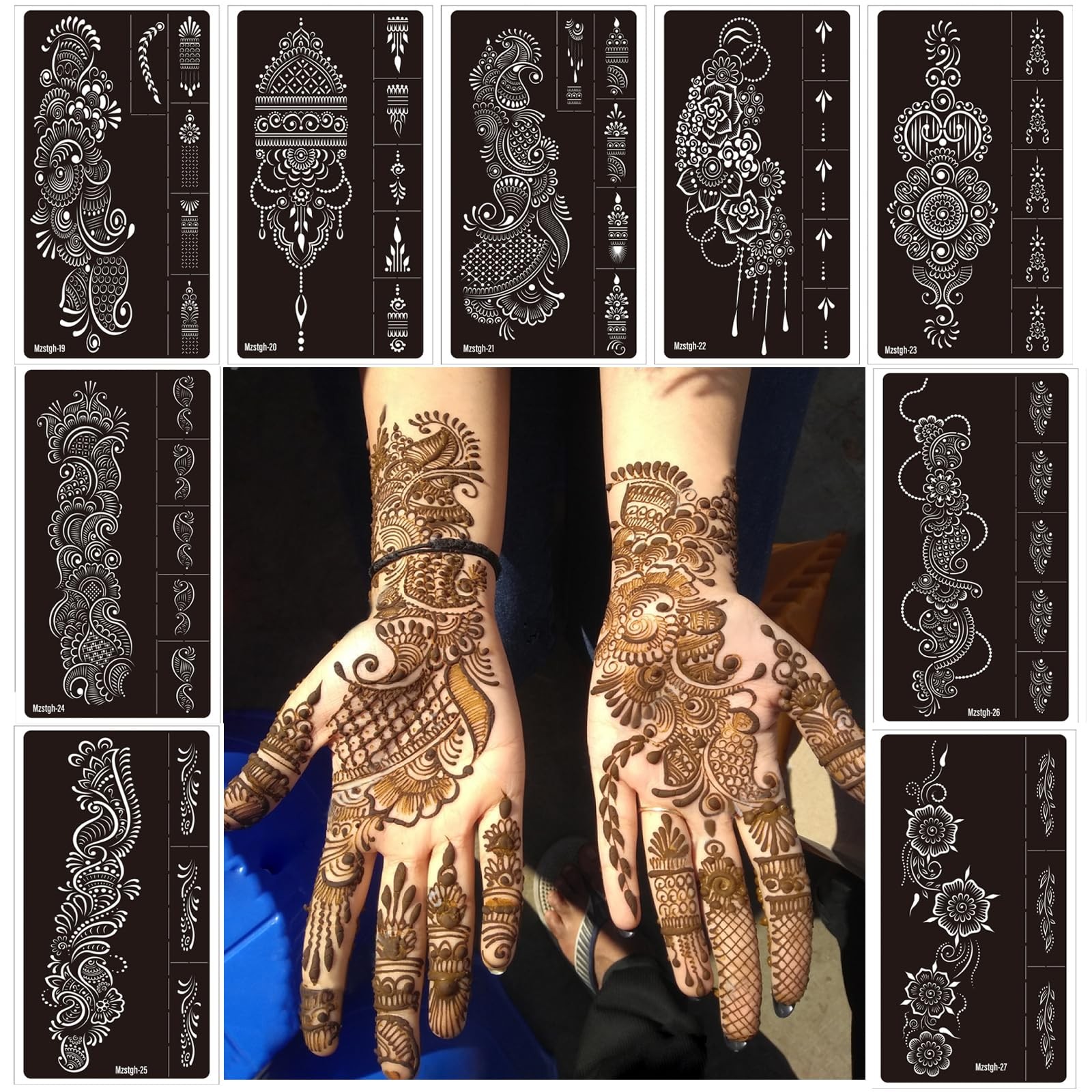 9 Sheet Temporary Tattoo Stencils,Henna tattoo kit Reusable Medium, Black