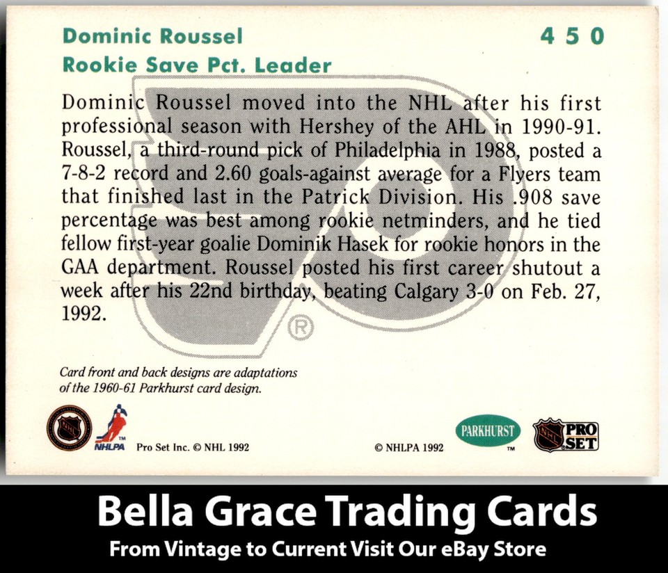 1991-92 Parkhurst Dominic Roussel #450 Philadelphia Flyers NHL Hockey ...