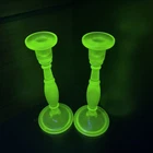 New ListingFenton Florentine Green Vaseline Uranium Stretch Glass Candlesticks 10" UV Glow