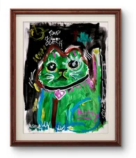 Original Art Neon Green Cat 14x11 Neo Expressionism Original Artwork on Paper