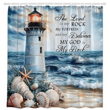 Coastal Lighthouse Shower Curtain, Ocean Beach Blue Sea Waves 70 70 "W x 70" L