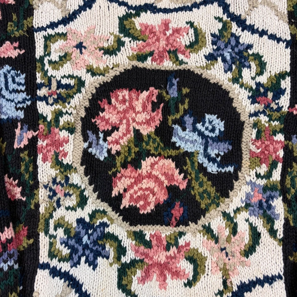 Vintage Crystal Kobe Sweater Women's S Black Oversized Floral Knit Grandma 90s - Image 3 of 4