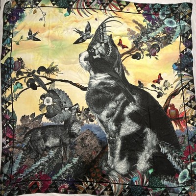 KRISTJANA S WILLIAMS STUDIO Collaboration 100% Silk Scarf Cat Floral Boho50x50