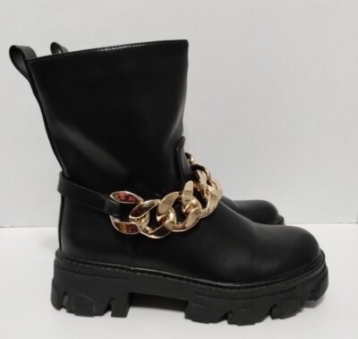 Lady Go Diva Black Chunky Heel Ankle Boots Platform Gold Chain