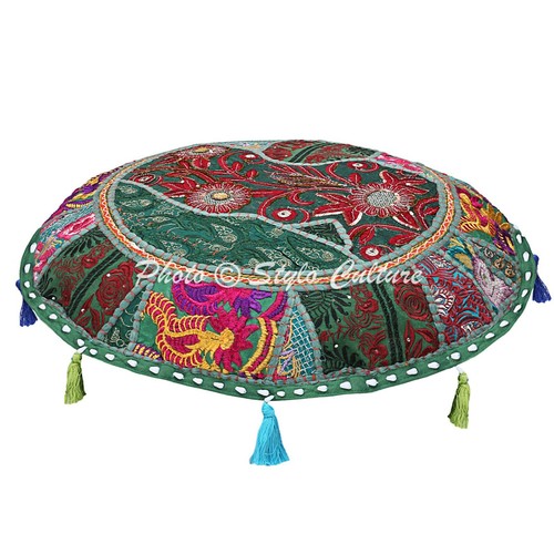Green Round Floor Pillow Cushion Cover Vintage Patchwork Pouf Cushion Ottoman - Picture 2 of 6
