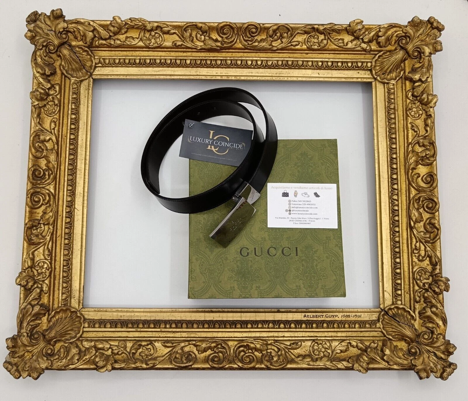 GUCCI CINTURA PELLE NERA FIBBIA LOGO Silver Unisex Misura 80/90+5 FULL SET