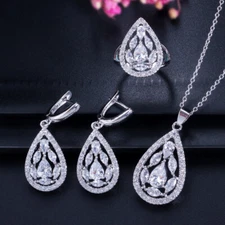 Silver Plated White CZ Dangle Drop Pendant Necklace Earrings Ring Jewelry Set