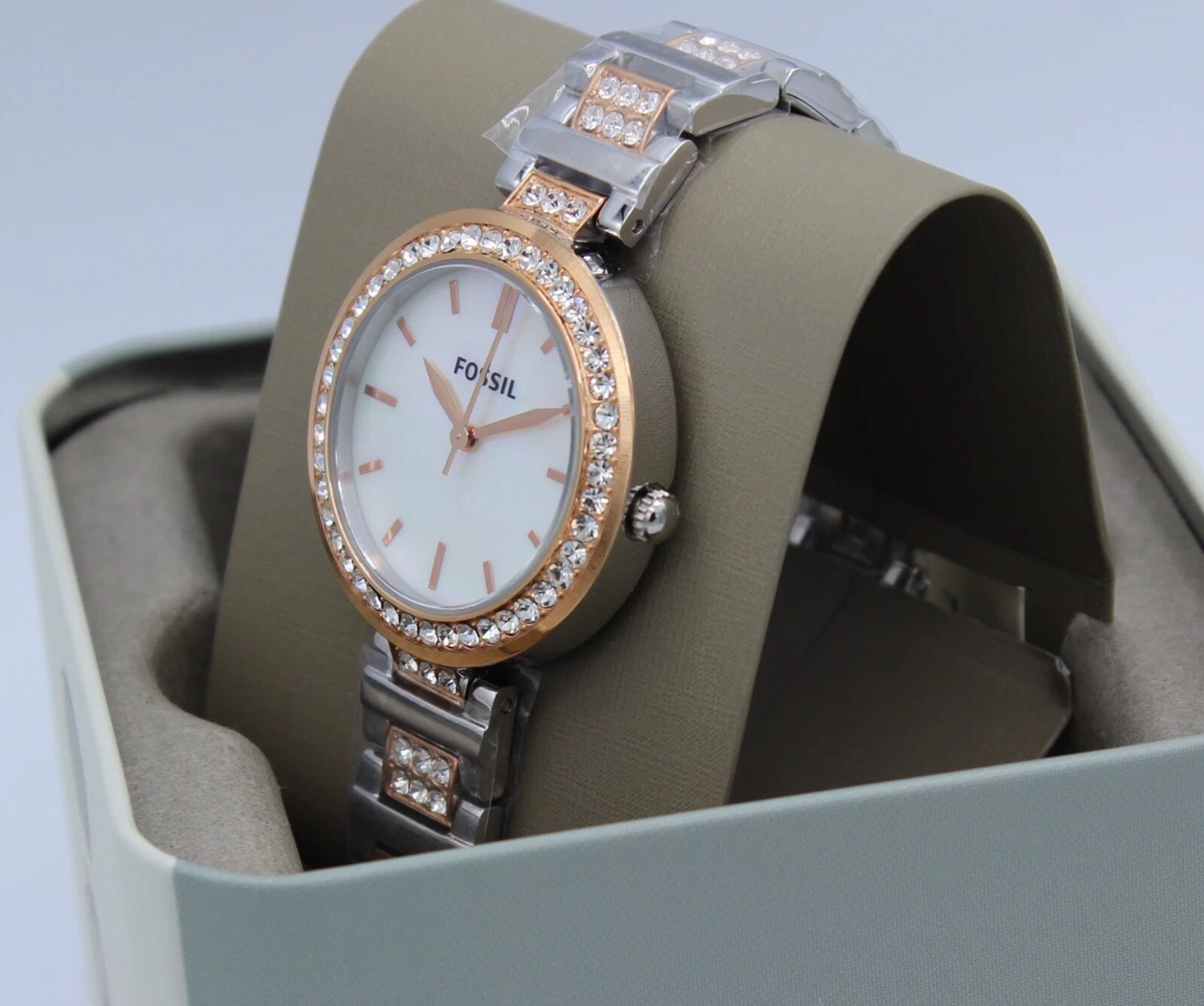 NEW AUTHENTIC FOSSIL KARLI CRYSTALS ROSE GOLD SILVER MOP WOMEN