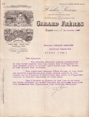 SALON DE PROVENCE - LETTER GIRARD FRERES - OILS, SOAPS - 1924