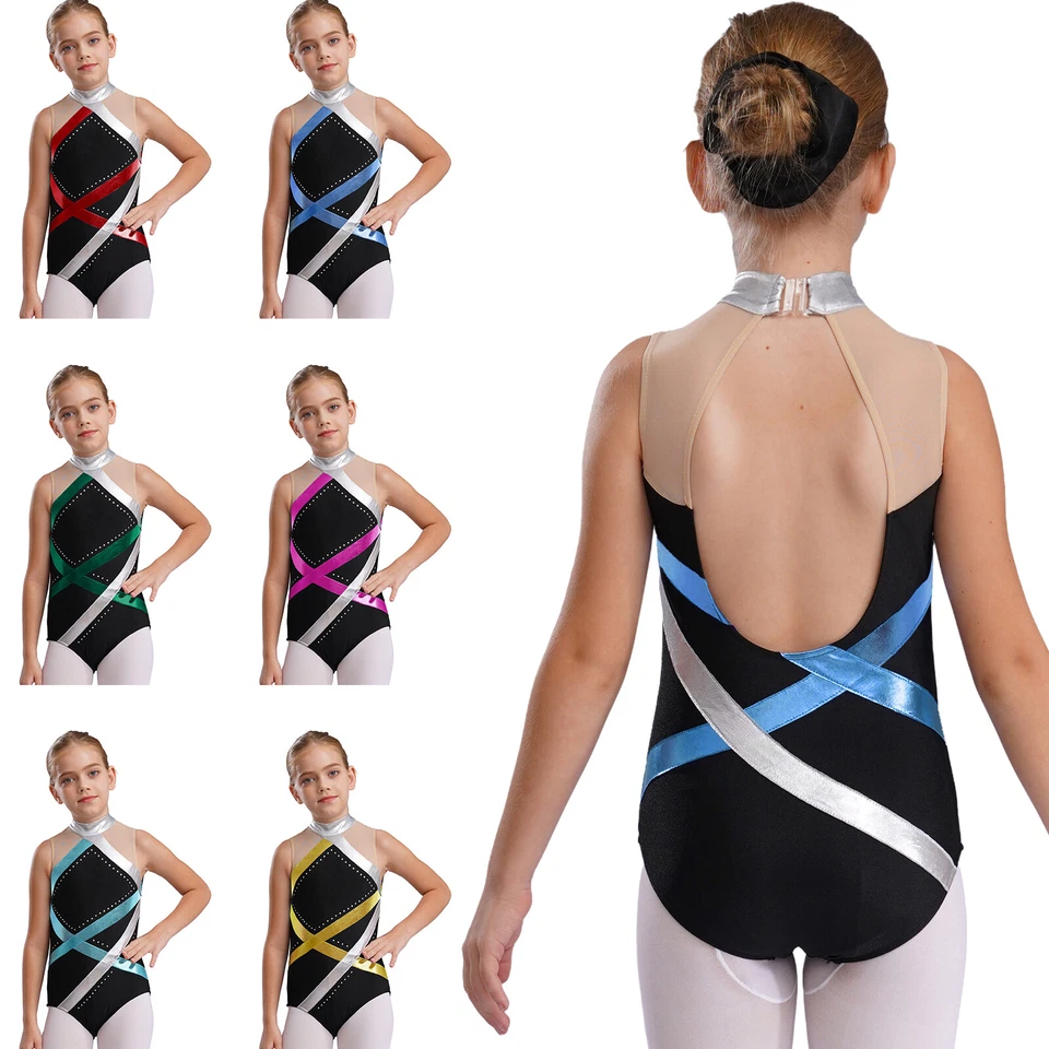 Girls Shiny Metallic Striped Gymnastics Leotard Unitard Ballet Dance Dancewear - Image 2 of 3