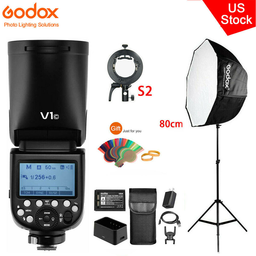 US Godox V1-C HSS Round Head Flash Speedlite+S2 Bracket+80cm Umbrella  Softbox