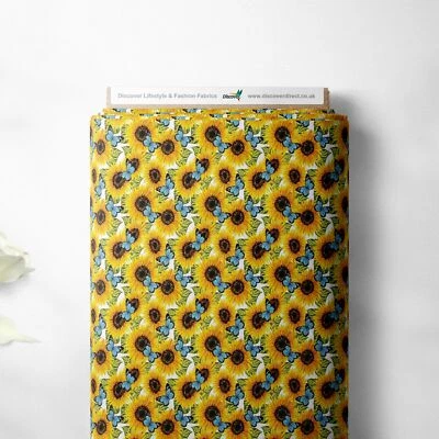 DISCOVER LIFESTYLE & FASHION FABRICS 100% Cotton Yellow Sunflowers Floral Print Children Craft Dress Sew Fabric | FQ