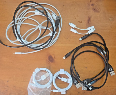 11 Used Apple Lightning cables Multiple Lengths and Colors, 2 Headphone adapters
