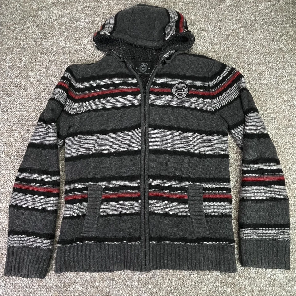 Buffalo David Bitton Sweater Mens Large Gray Striped Sherpa Lined Zip Hoodie - Image 2 of 4
