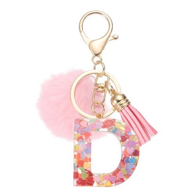 Schlüsselbommel für Alphabet Initial Letter D, süße rosa Pelzquaste