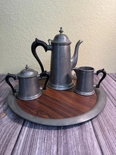 Vintage Kirk Stieff Pewter ATC 4-Piece Set Coffee Pot, Creamer, Sugar Bowl, Tray