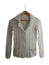 Kenar Womens Small Ivory White LS Angora Cable Knit Cardigan Sweater Pockets