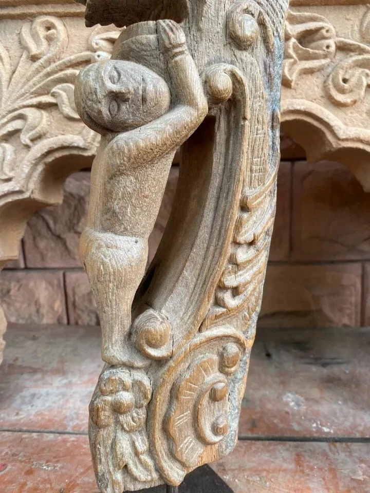 Antiguo soporte de dientes de león tallado a mano de madera antiguo de 1800 con soporte Foto 4 de 4