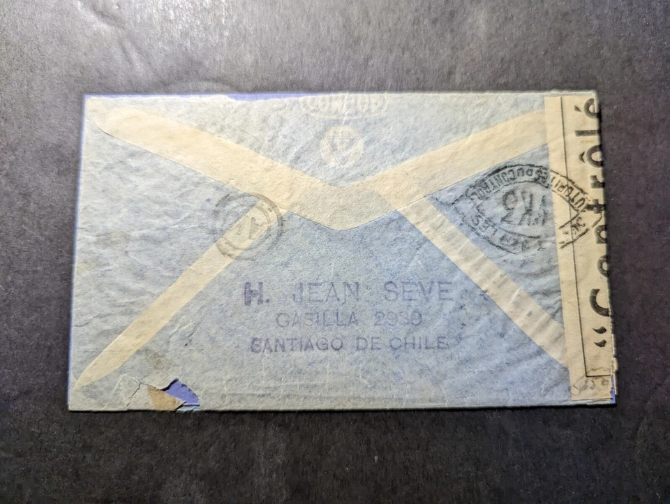 1941 Censurado Chile Correio Aéreo Segunda Guerra Mundial Capa Santiago para Marselha França - Imagem 2 de 2