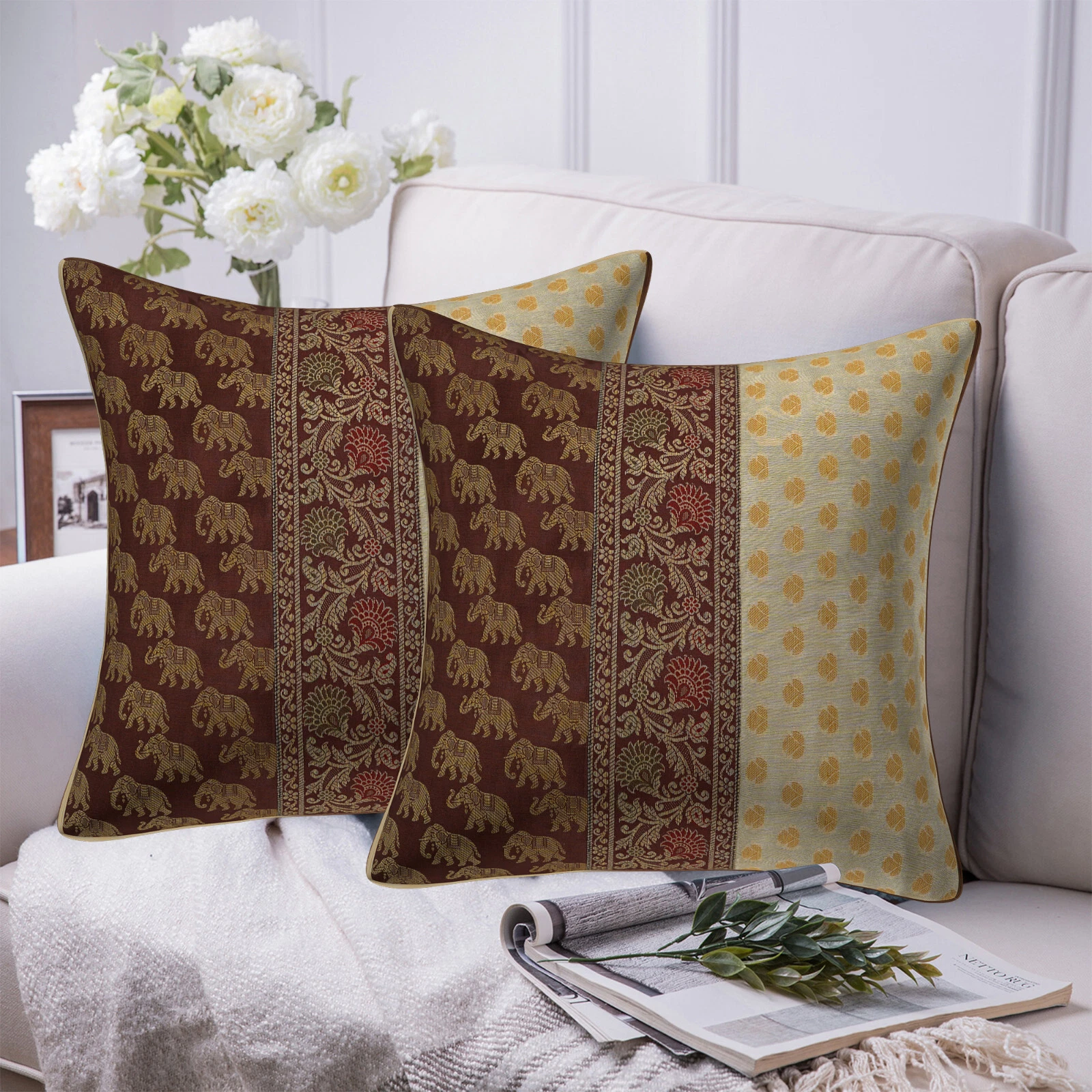 Indian Silk brown off white Elephant Cushion Cover Throw Pillow 16x16set of 2 Pc