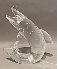 STEUBEN "TROUT w FLY" Crystal w 18K Gold Fly By J Houston in Original Box Mint