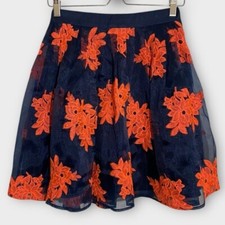 Anthropologie Maeve Navy Blue  Coral Floral Embroidered Tulle Skirt Size 2