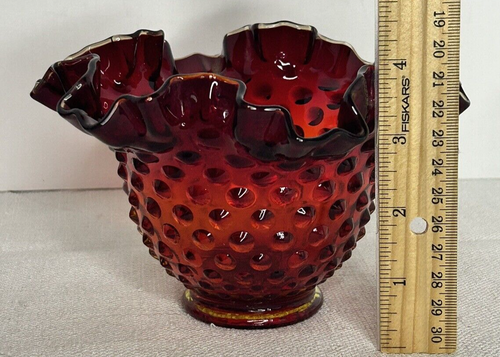 Fenton Amberina Ruby Red Hobnail Rose Bowl Vase Crimped Ruffled 4” UV Reactive - Picture 17 of 18