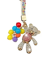 Luxury Rhinestone Bear with Balloons Keychain, Keyring, Bag Charm Accessory
