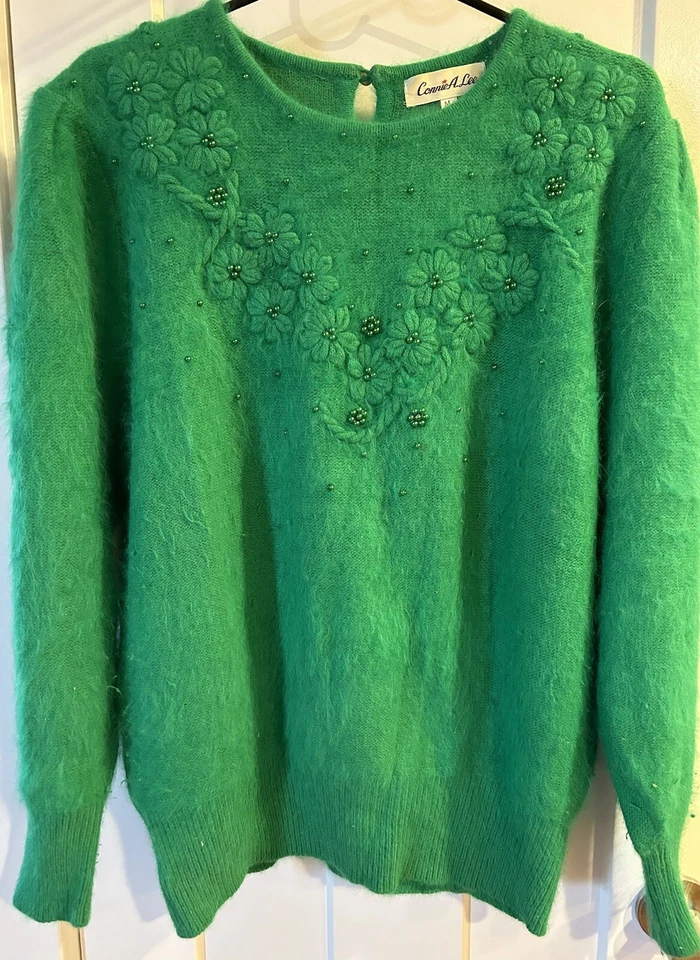 Suéter Connie Lee Angora Flores Cuentas Mediano/Lg Verde Difuso Vacaciones Primavera Foto 2 de 4