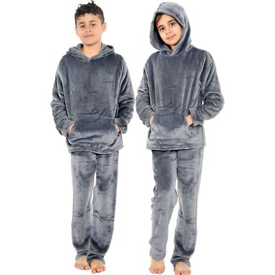 Girls Boys Charcoal Warm Fleece Hooded Pyjamas For Sleepover 2 Piece Gift Set