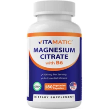 Vitamatic Magnesium Citrate 500mg  + Vitamin B6 180Caps Non GMO/No Preservatives