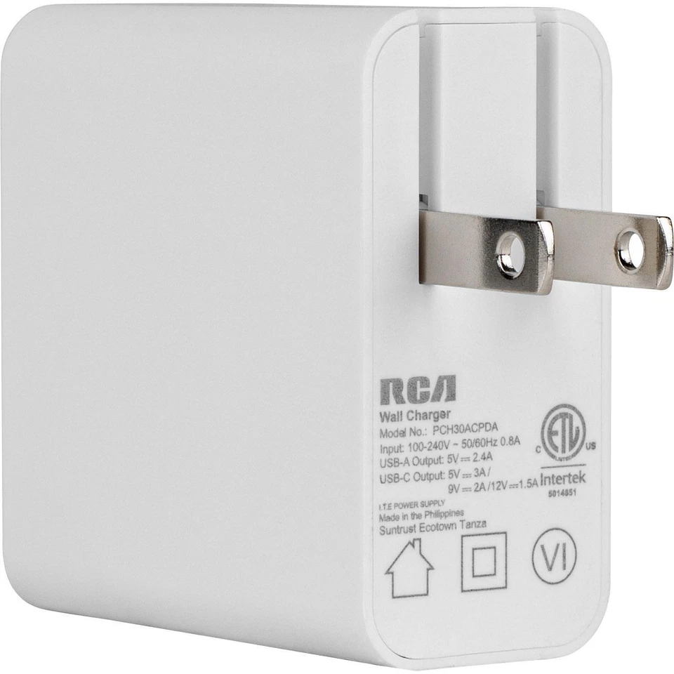 Carregador de parede RCA 30W USB-C e USB-A fornecimento de energia (PD) com pinos dobráveis - Imagem 2 de 2