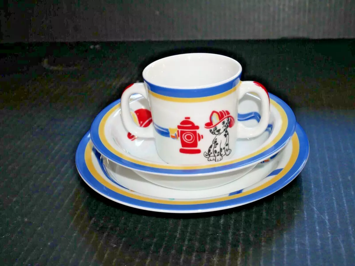 Tiffany & Co Fire Station Child's 3 piece dinnerware set cup bowl plate  Japan