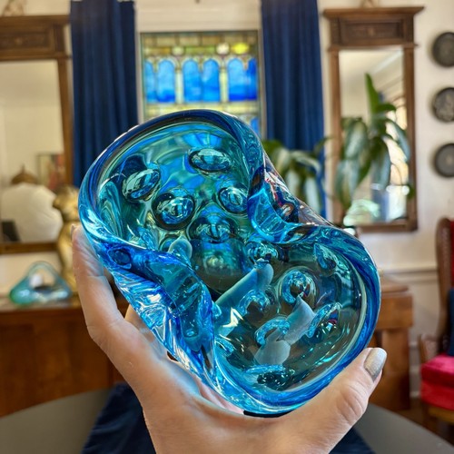 Vtg Murano Art Glass Bowl Electric Blue Sculptural Midcentury Form 6" Pinched - Picture 6 of 7