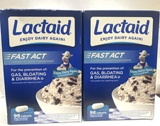 Lactaid Fast Act,Prevent Gas,Bloating&Diarrhea,2 Pcks(96 Caplets each)Exp:10/27+
